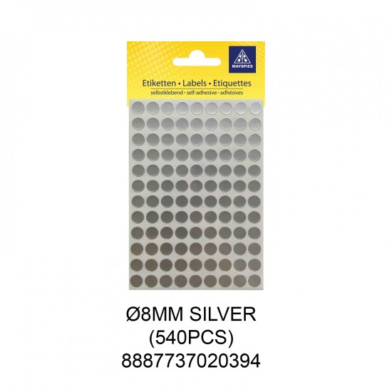 MAYSPIES MS008 COLOUR DOT LABEL / 5 SHEETS/PKT / 540PCS/ ROUND 8MM SILVER